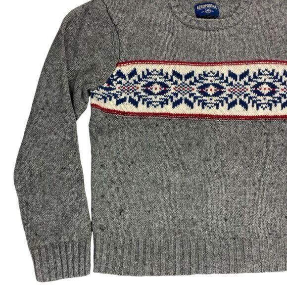 Aeropostale Sweater Men XL Gray Chunky Knit Crew Neck Fair Isle Bohemian Holiday - Picture 3 of 16